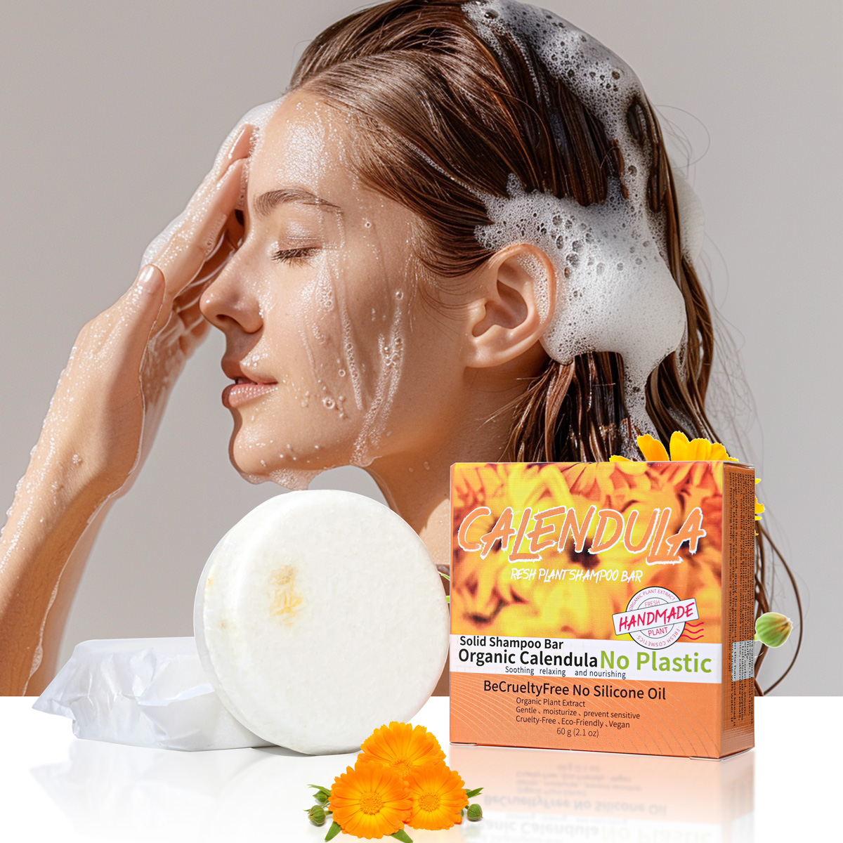 Soap Making Essential Oils - カレンデュラの花と植物のエッセンシャルオイルシャンプーソープ、豊かな香りの手作り石鹸、オイルコントロールと保湿効果のあるヘアケア